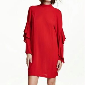 H&M Ruffle Sleeve Mock Neck Shift Dress Red sz 2